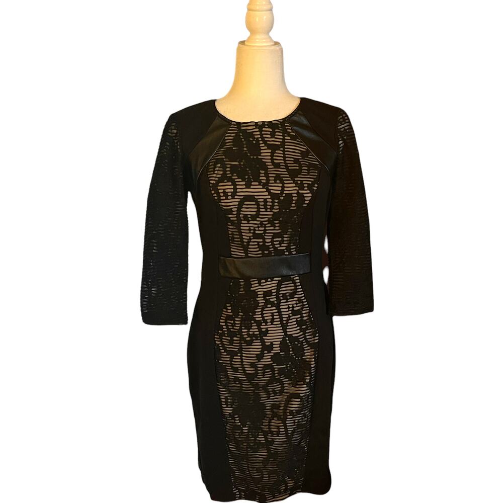 BLACK QUARTER SLEEVE MIDI DRESS W SHEER DECORATIVE OVERLAY & ZIPPER CLOSURE